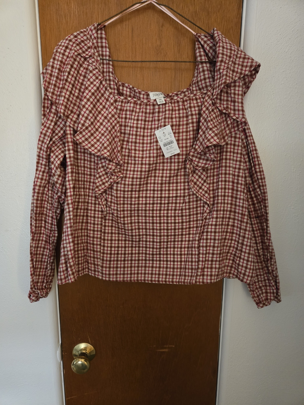 J CREW Red Plaid Ruffle Long-Sleeve Top